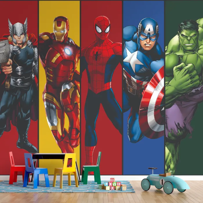 Papel de Parede Heróis Marvel com Homem de Ferro, Thor e Hulk para Quarto Infantil