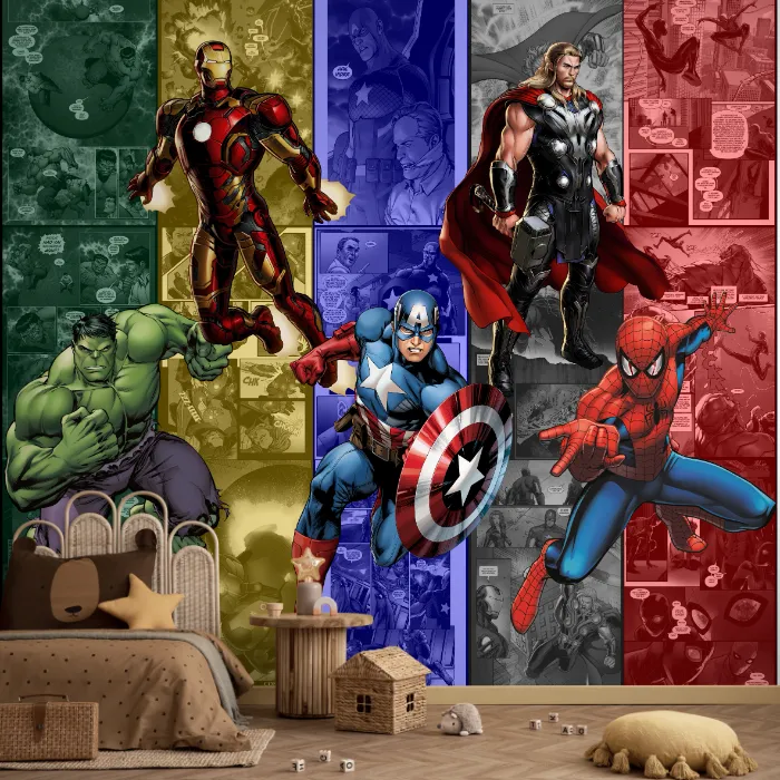 Papel de Parede Heróis Marvel Infantil para Quarto de Menino com Vingadores em Ação
