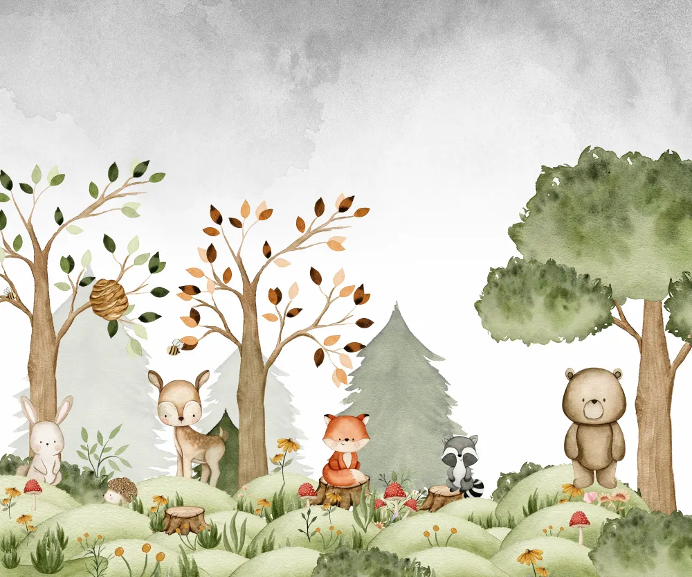Papel de Parede Infantil Animais do Bosque em Aquarela