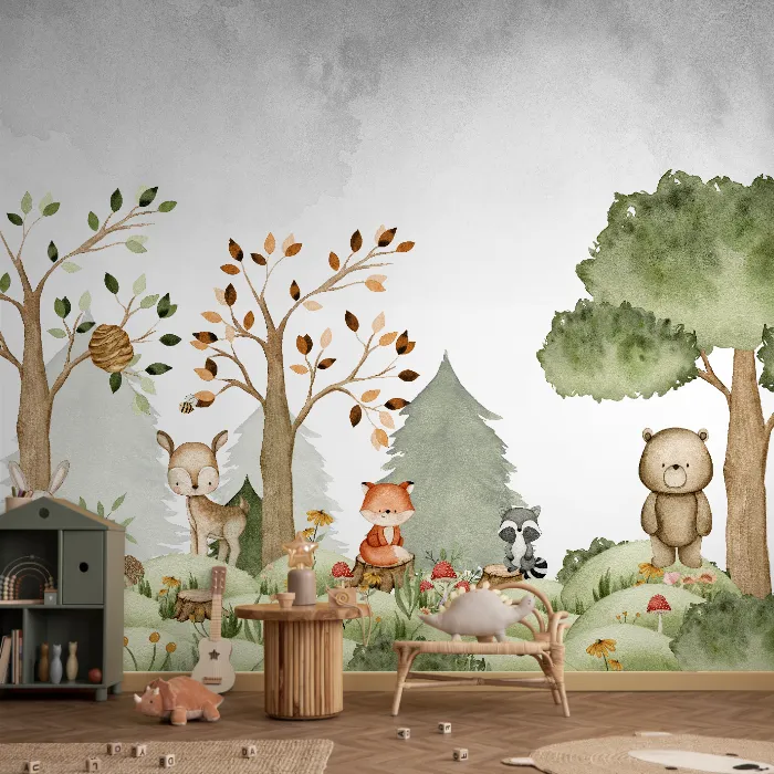 Papel de Parede Infantil Animais do Bosque em Aquarela