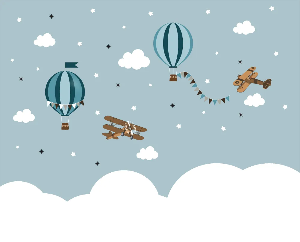 Papel de Parede Infantil Balões e Aviões nas Nuvens