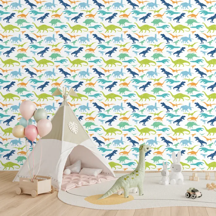 Papel de Parede Dinossauros Coloridos Infantil com Estampa Divertida