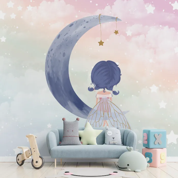Papel de Parede Fadinha na Lua Encantada em Tons Pastel
