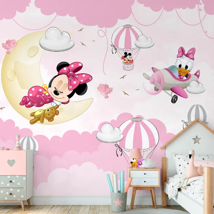 Papel de Parede Minnie Dormindo na Lua com Margarida e Balões Encantados Infantil