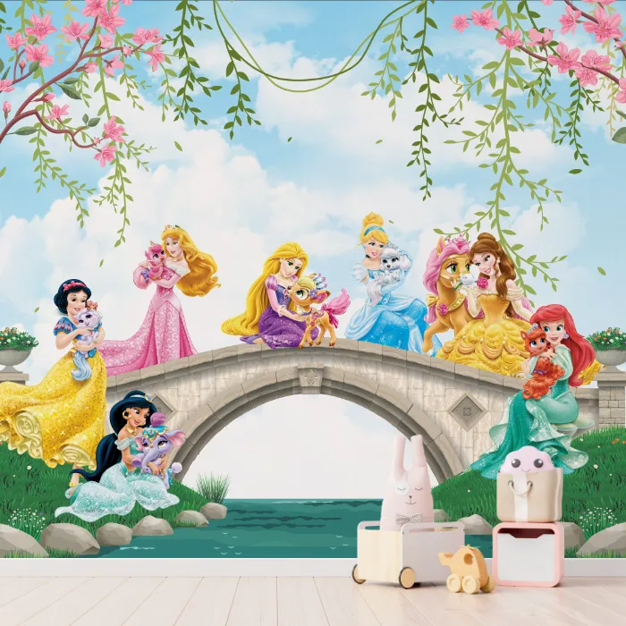 Papel de Parede Princesas Disney Infantil com Jardim Encantado e Ponte Mágica