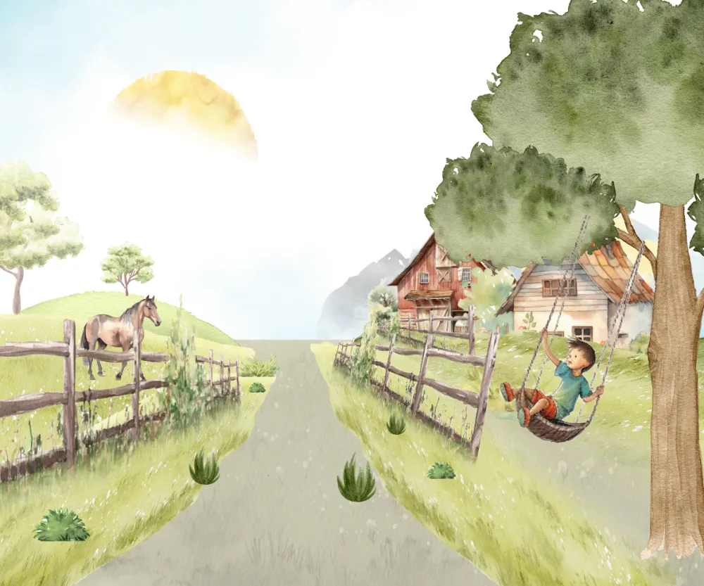 Papel de Parede Infantil Vida no Campo com Fazenda e Cavalo