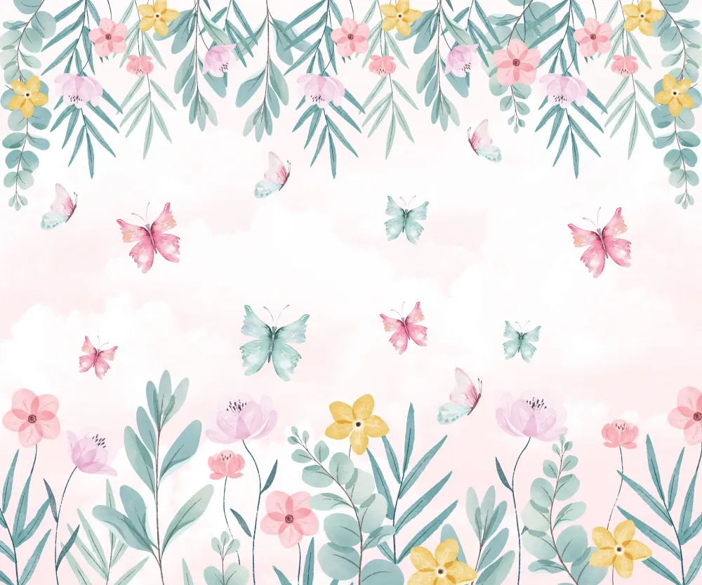 Papel de Parede Jardim das Borboletas com Flores Delicadas para Quarto Infantil