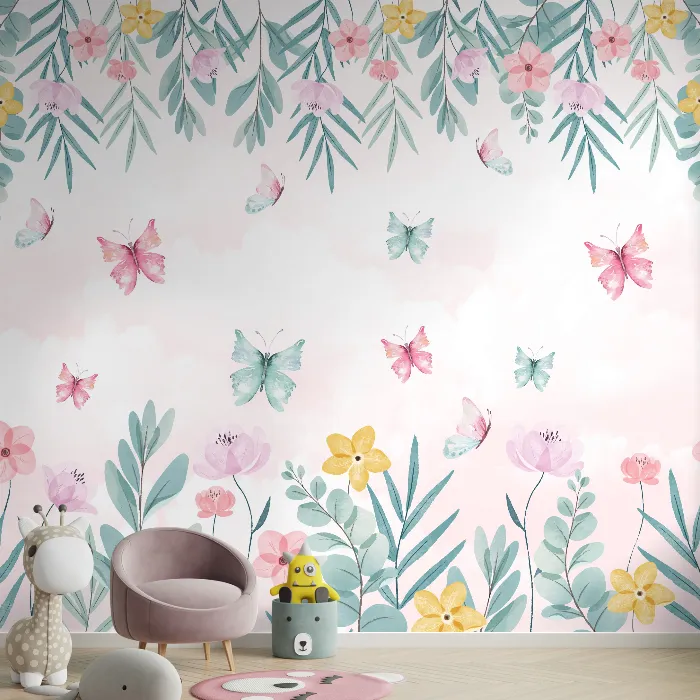 Papel de Parede Jardim das Borboletas com Flores Delicadas para Quarto Infantil