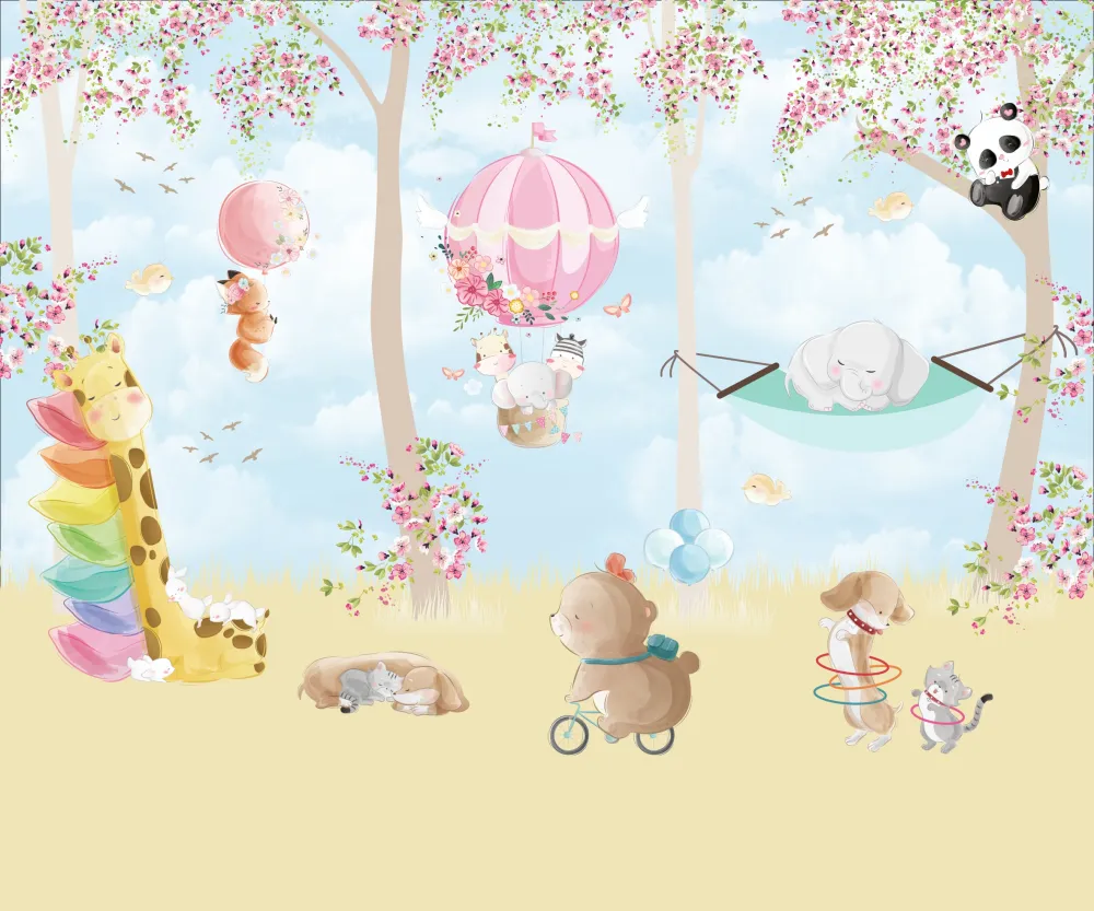 Papel de Parede Jardim Encantado Baby com Animais e Balões