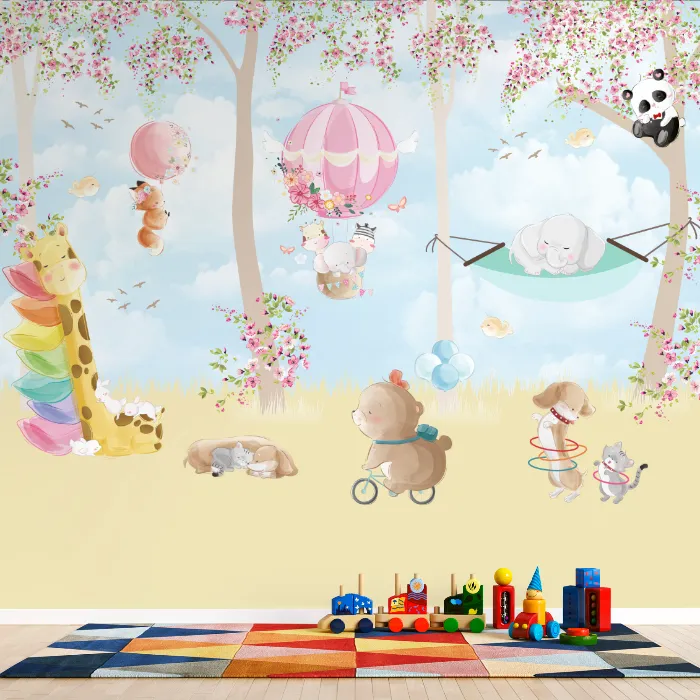 Papel de Parede Jardim Encantado Baby com Animais e Balões