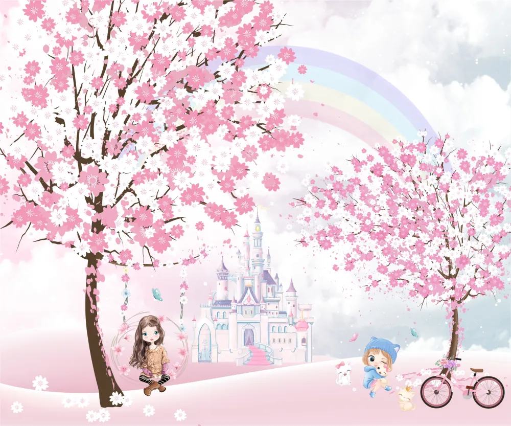 Papel de Parede Jardim Encantado Rosa com Castelo e Cerejeiras para Quarto Infantil