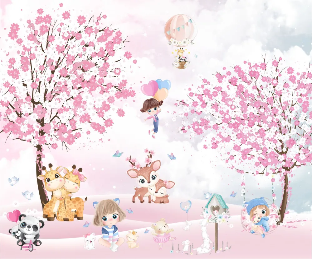Papel de Parede Jardim Encantado Rosa com Meninas e Animais
