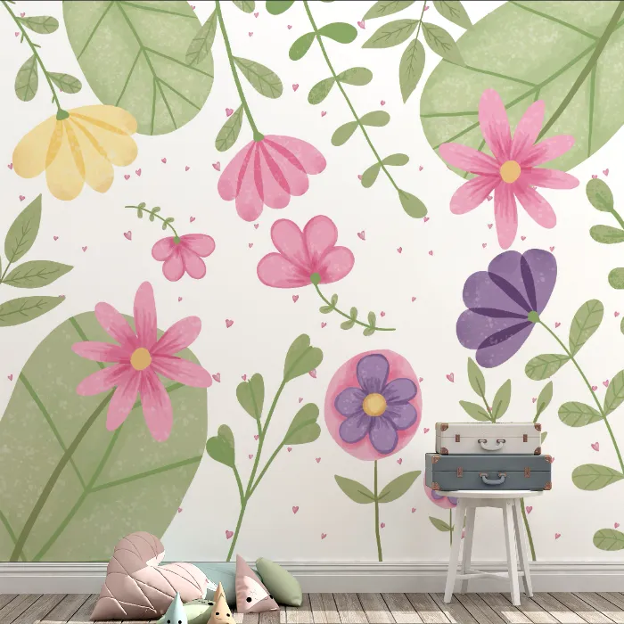 Papel de Parede Jardim Floral com Flores Delicadas para Quarto Infantil