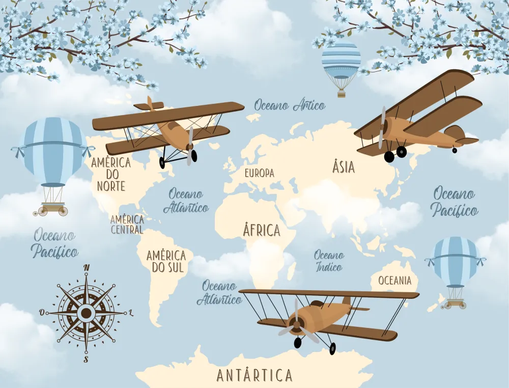 Papel de Parede Mapa Mundi Infantil com Aviões Vintage e Balões Decorativos