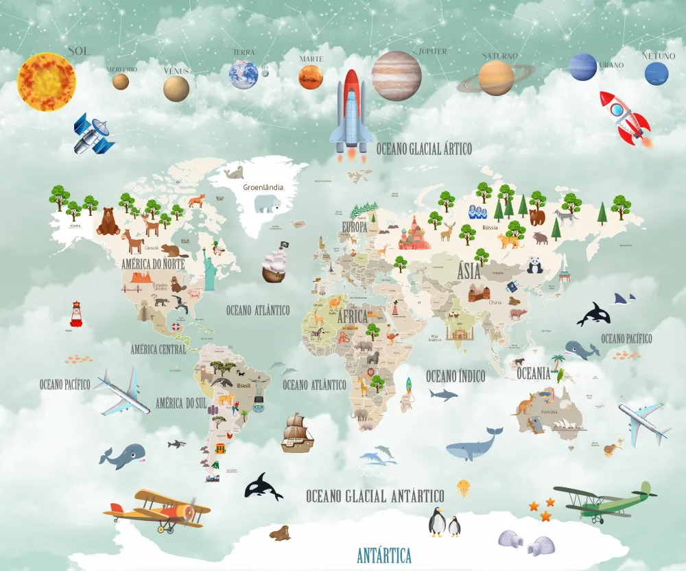 Papel de Parede Mapa Múndi Infantil Educativo com Sistema Solar e Animais