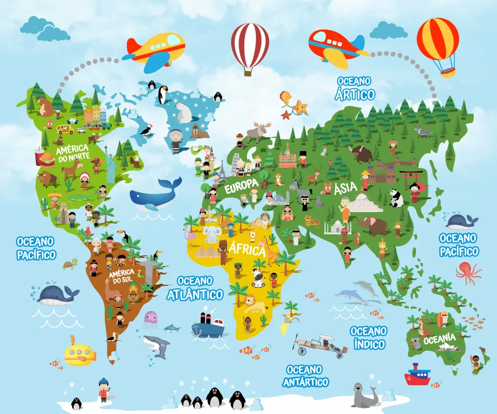 Papel de Parede Mapa Múndi Infantil Educativo com Continentes e Animais do Mundo