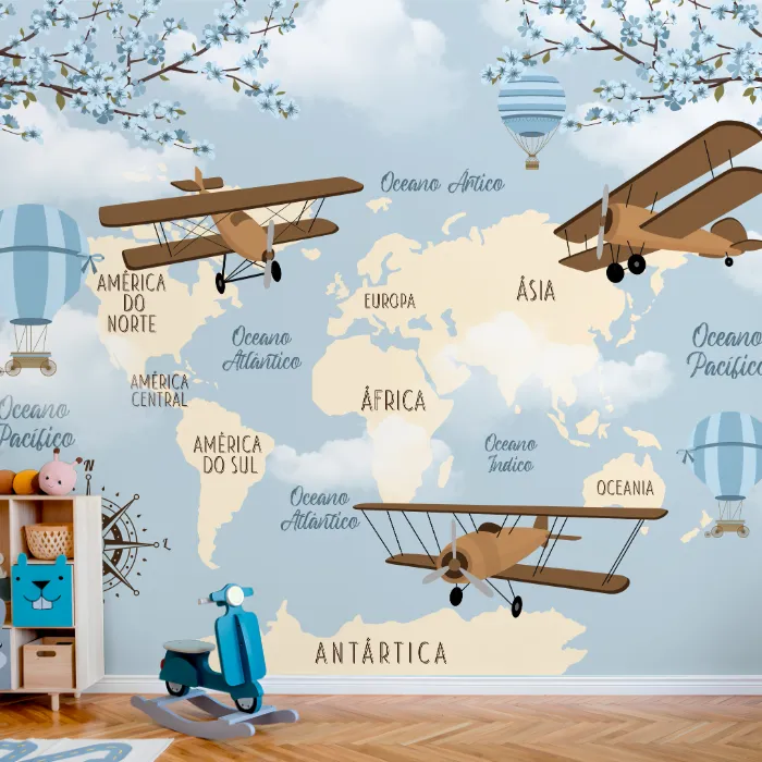 Papel de Parede Mapa Mundi Infantil com Aviões Vintage e Balões Decorativos
