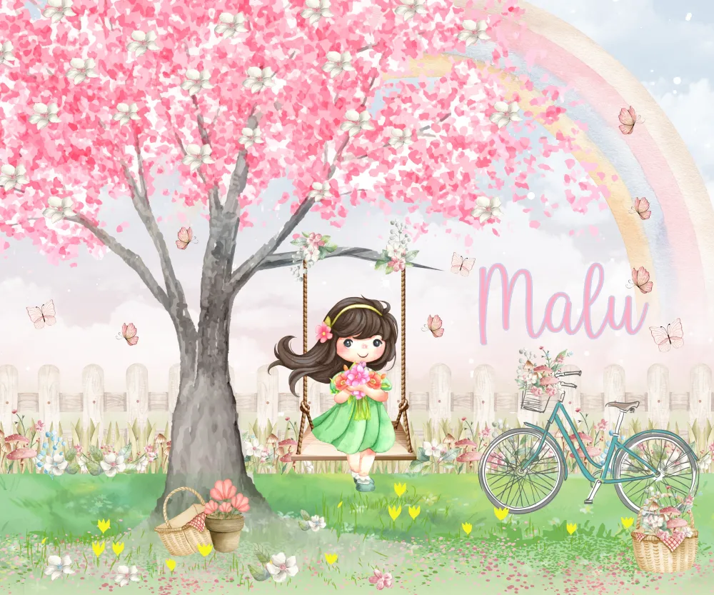 Papel de Parede Menina no Balanço Floral com Árvore Rosa e Arco-Íris