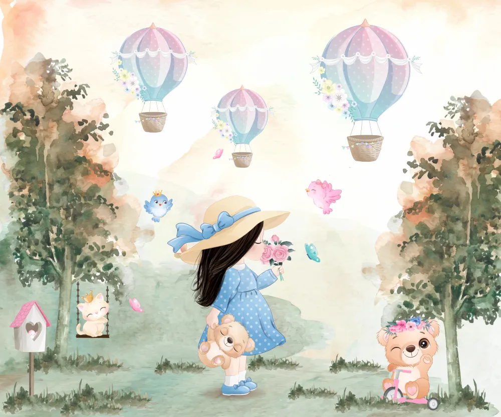 Papel de Parede Menina no Jardim Encantado com Balões Aquarelados Infantil