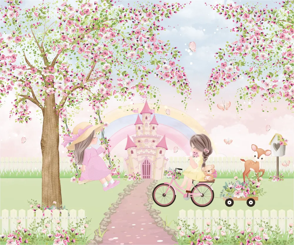 Papel de Parede Meninas no Jardim Mágico com Castelo Encantado e Flores
