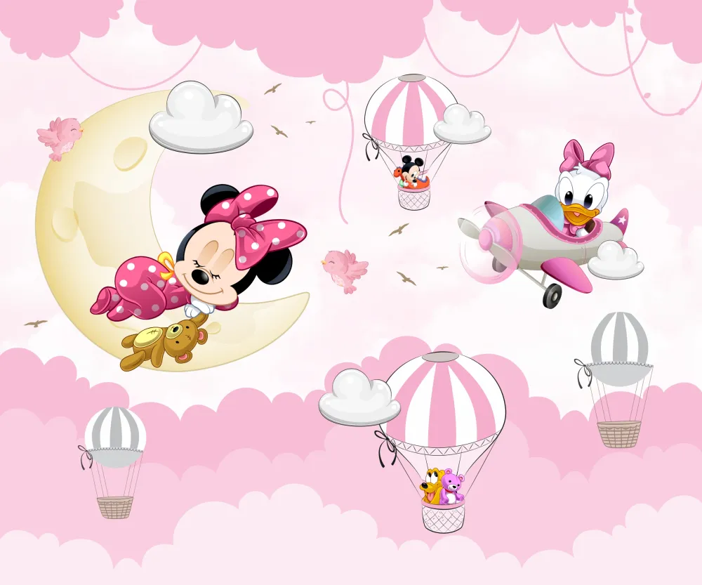 Papel de Parede Minnie Dormindo na Lua com Margarida e Balões Encantados Infantil