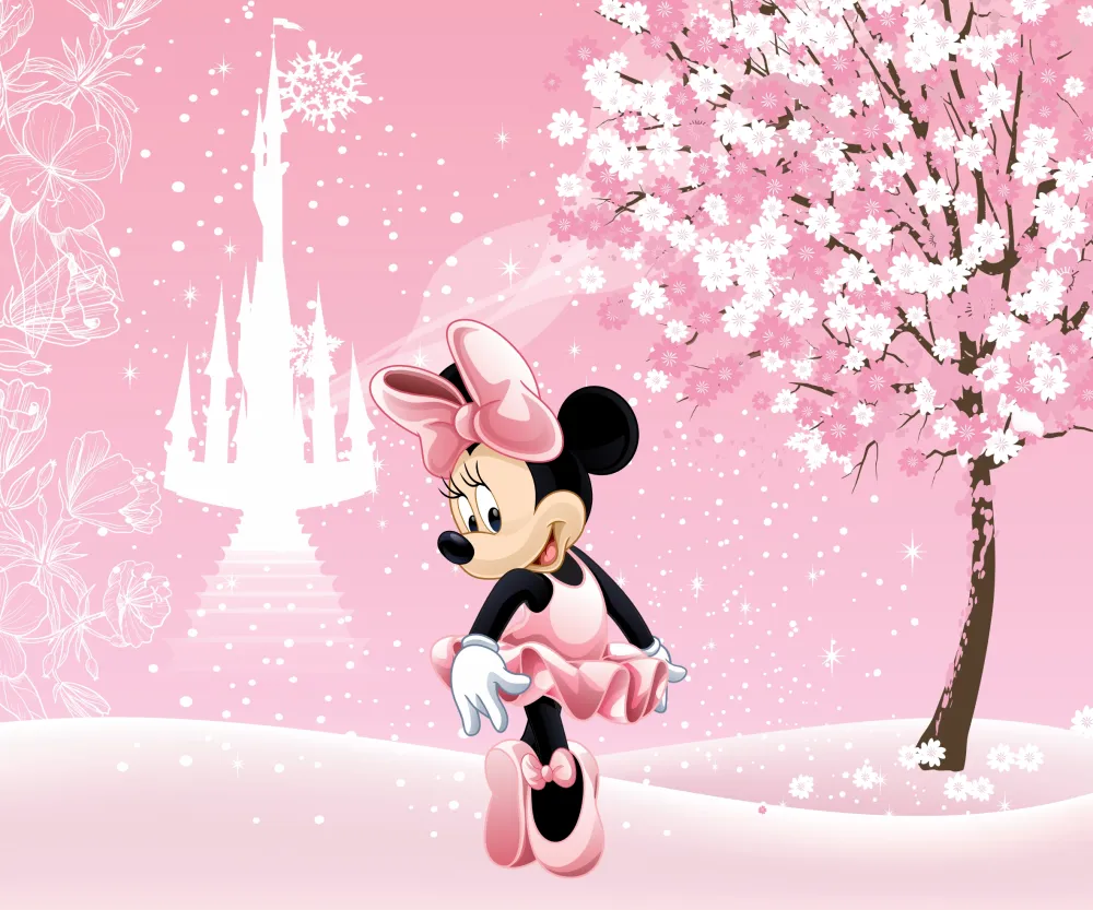 Papel de Parede Minnie Rosa Encantada com Castelo dos Sonhos e Cerejeira