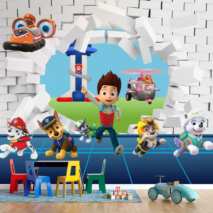 Papel de Parede Patrulha Canina 3D com Ryder e Seus Amigos