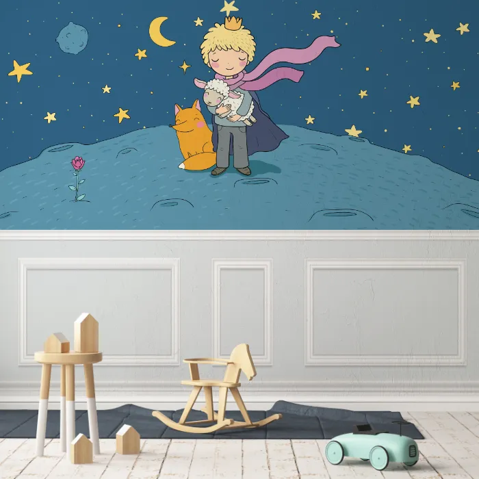 Papel de Parede Pequeno Príncipe Infantil com Raposa e Céu Estrelado para Quarto de Menino