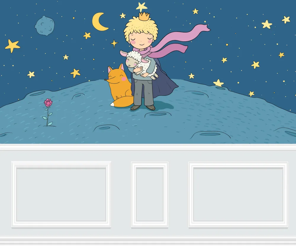 Papel de Parede Pequeno Príncipe Infantil com Raposa e Céu Estrelado para Quarto de Menino