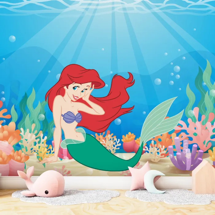 Papel de Parede Ariel Pequena Sereia no Fundo do Mar Encantado Infantil