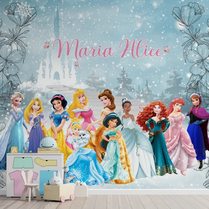 Papel de Parede Princesas Disney Infantil Personalizado com Nome e Castelo Encantado