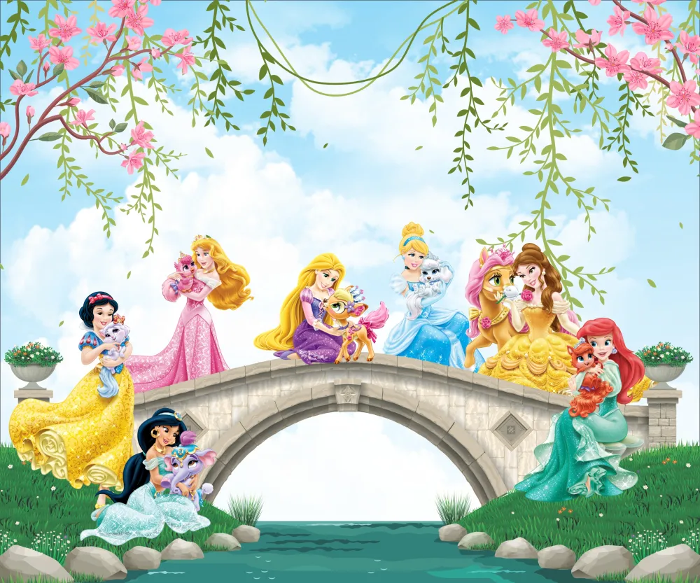 Papel de Parede Princesas Disney Infantil com Jardim Encantado e Ponte Mágica