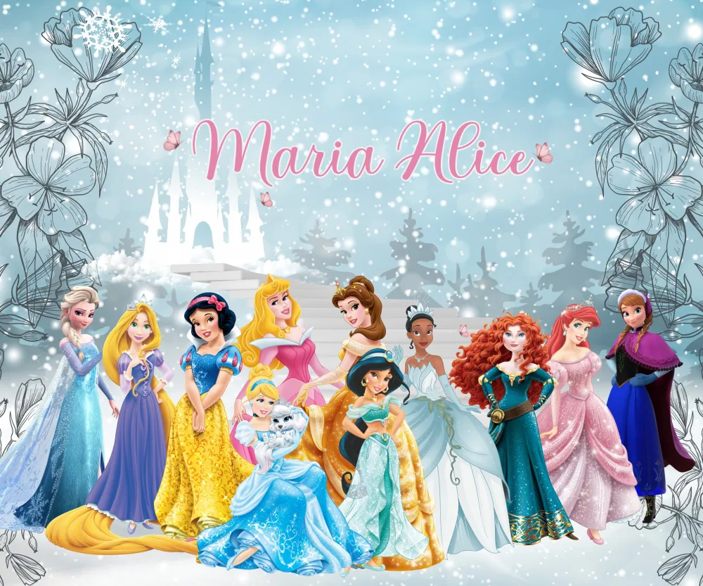 Papel de Parede Princesas Disney Infantil Personalizado com Nome e Castelo Encantado