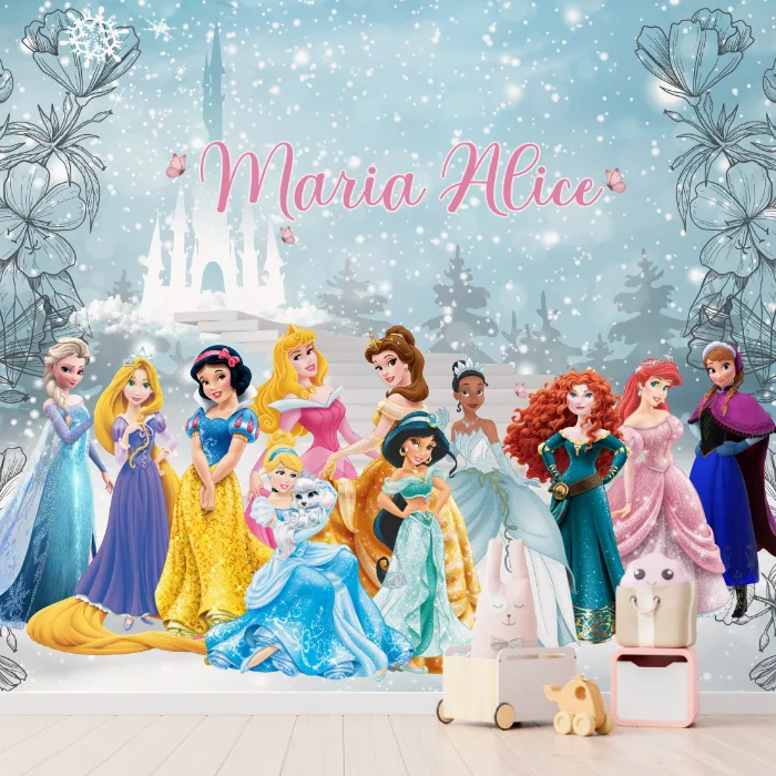 Papel de Parede Princesas Disney Infantil Personalizado com Nome e Castelo Encantado