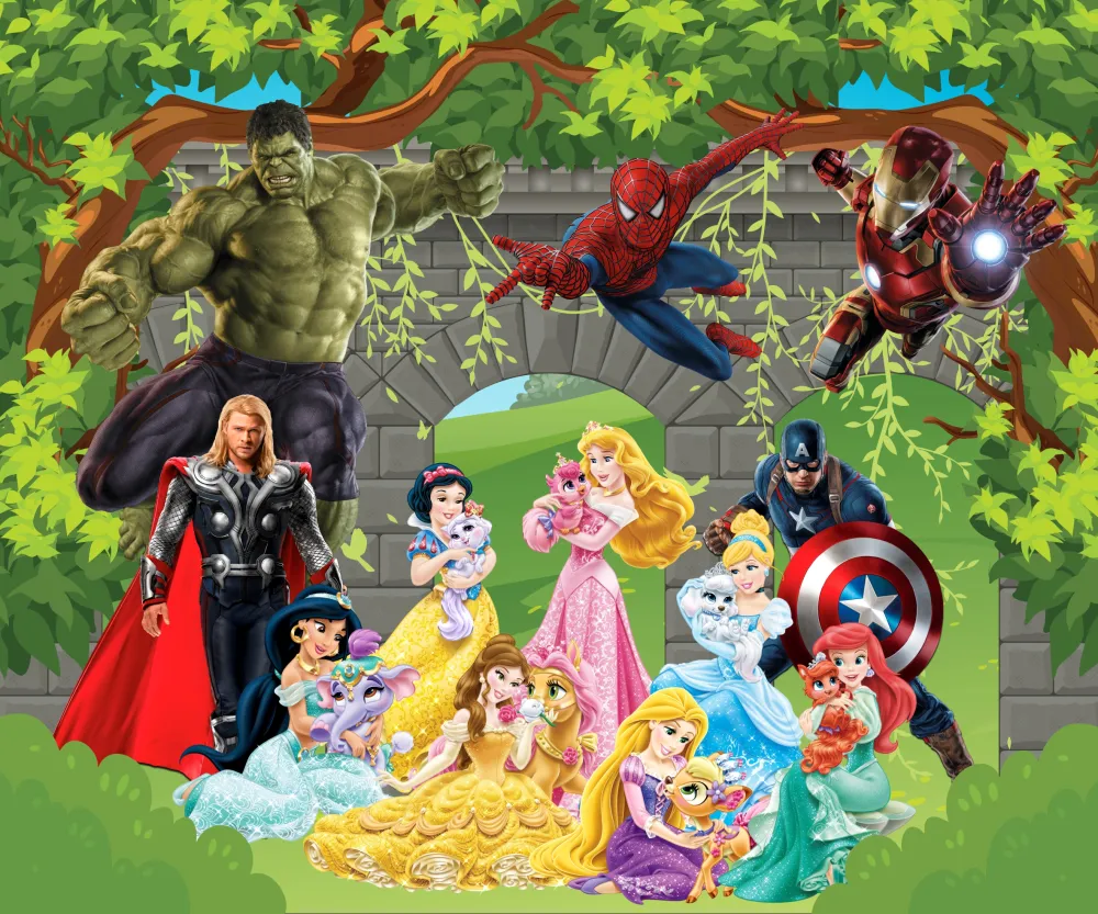 Papel de Parede Princesas Disney no Jardim Encantado com Castelo Mágico