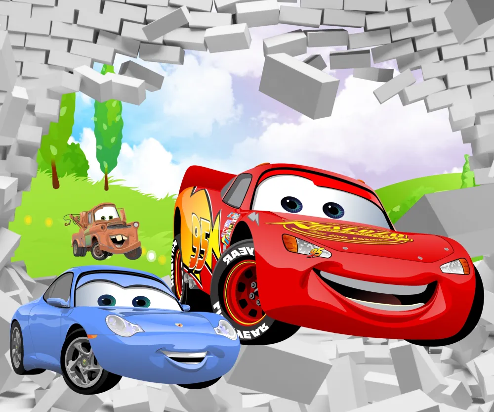 Papel de Parede Relâmpago McQueen Infantil com Efeito Parede Quebrada 3D