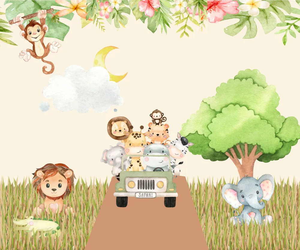 Papel de Parede Safari Baby com Animais no Jipe