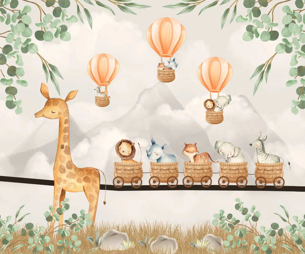 Papel de Parede Safari Baby com Trem dos Animais e Balões Encantados