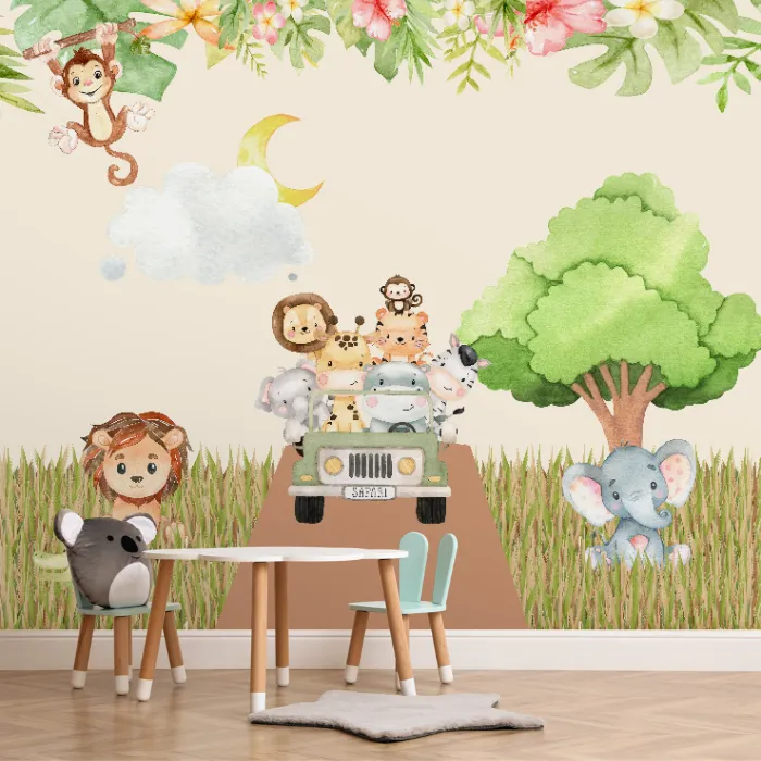 Papel de Parede Safari Baby com Animais no Jipe