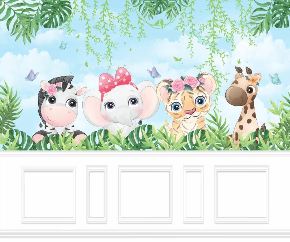 Papel de Parede Safari Baby Menina com Animais da Selva