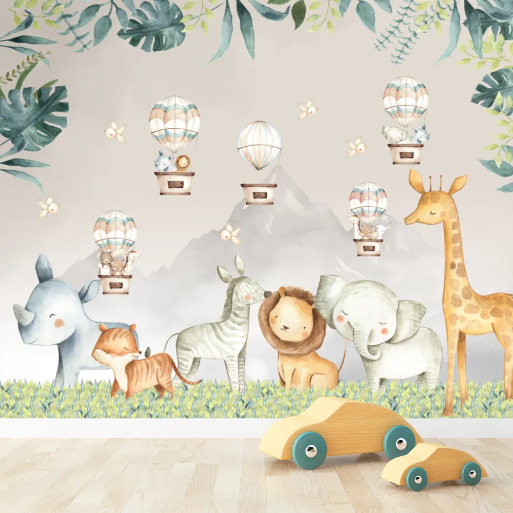 Papel de Parede Safari Infantil com Leão, Girafa e Elefante em Aquarela