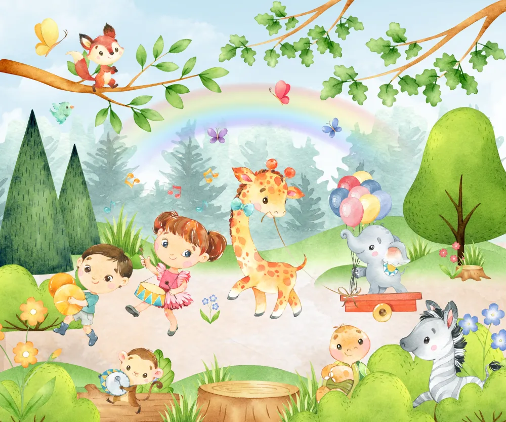 Papel de Parede Safari Infantil Encantado com Animais e Crianças Aquareladas