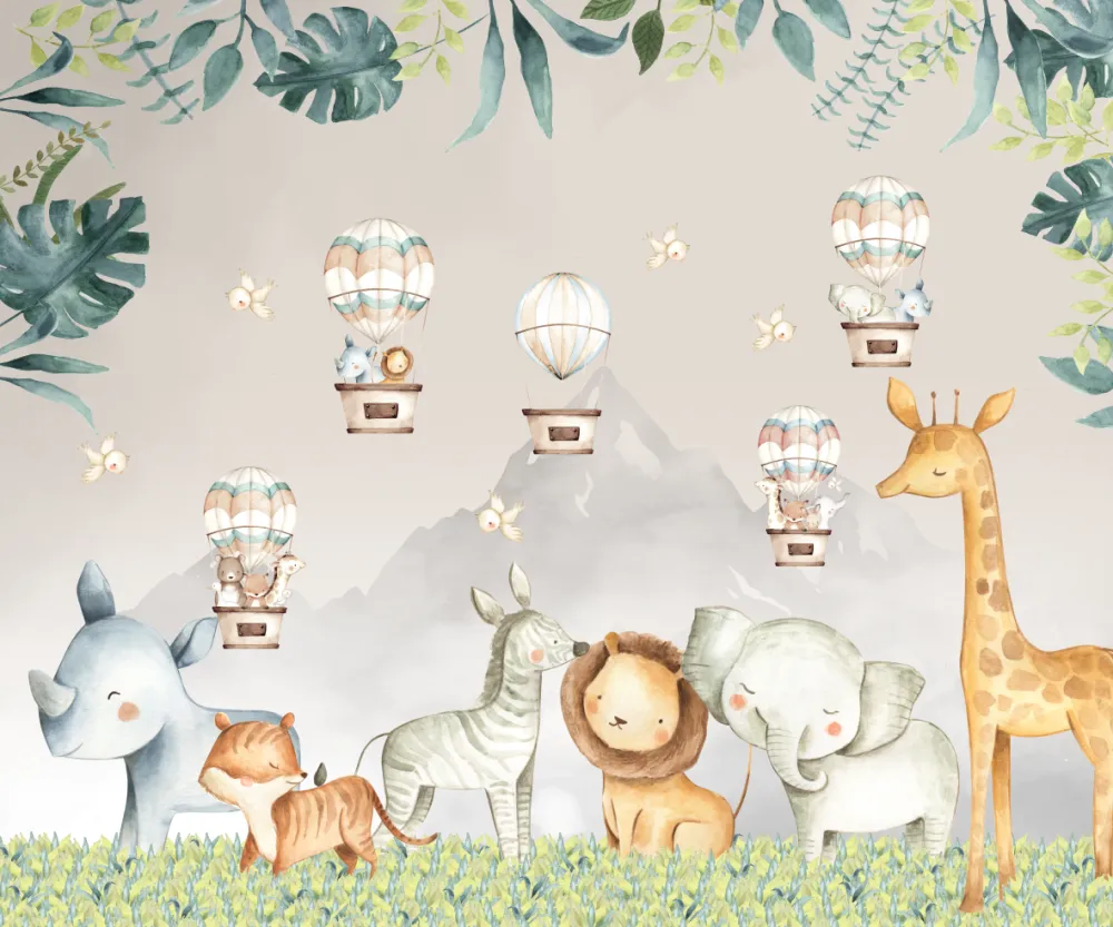 Papel de Parede Safari Infantil com Leão, Girafa e Elefante em Aquarela