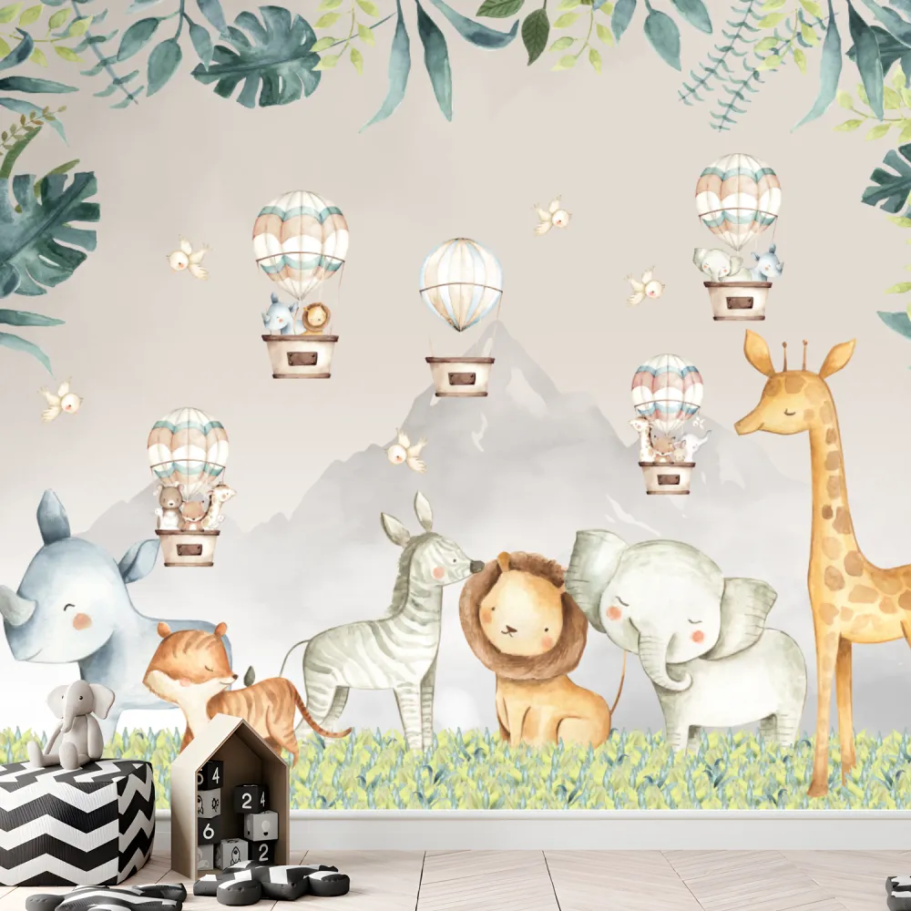 Papel de Parede Safari Infantil com Leão, Girafa e Elefante em Aquarela