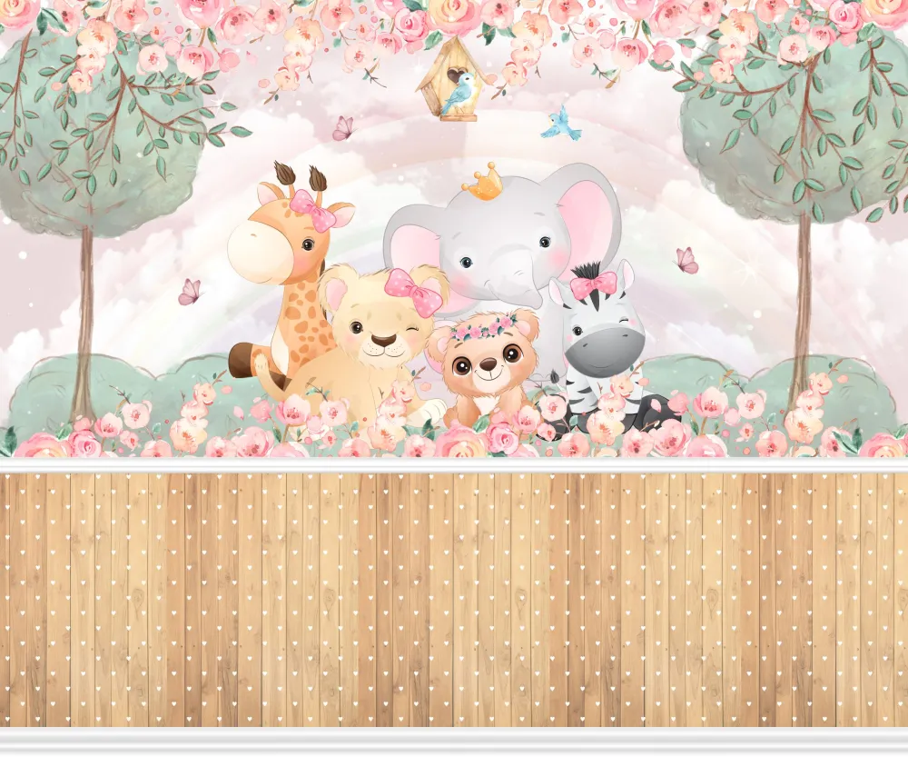 Papel de Parede Safari Menina Floral com Animais da Selva