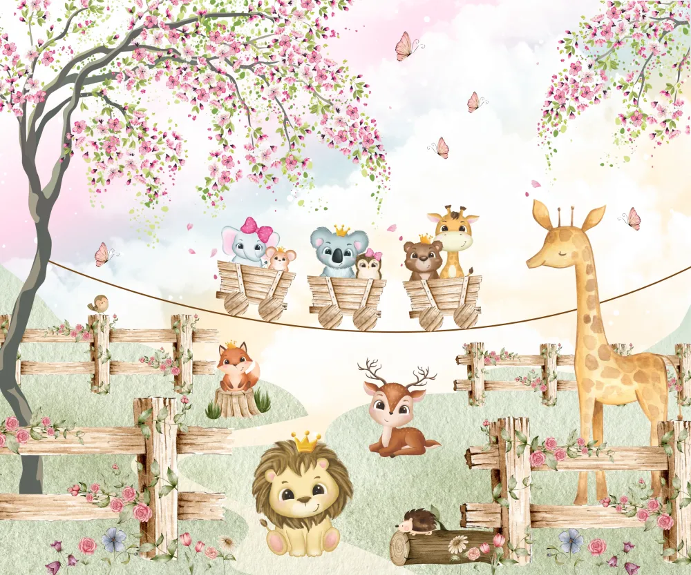 Papel de Parede Safari Menina Floral com Animais Encantados