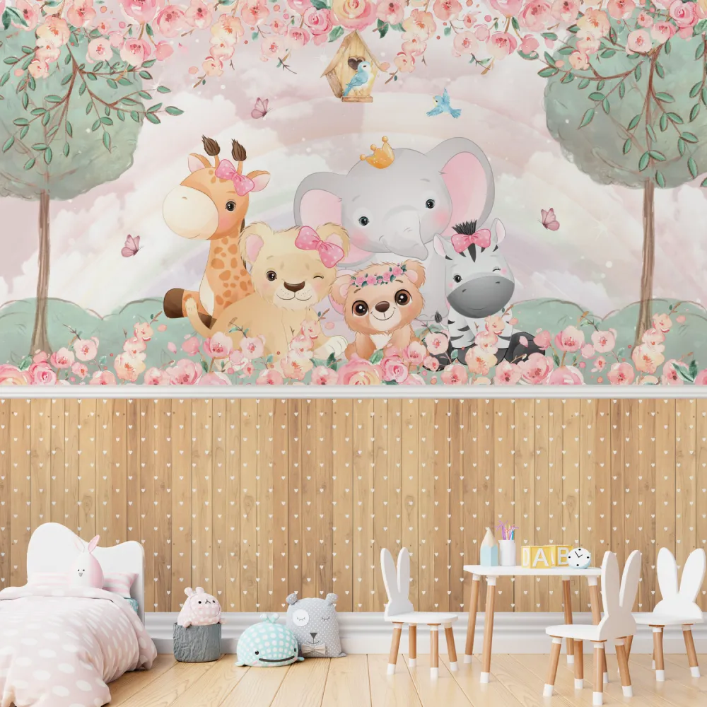 Papel de Parede Safari Menina Floral com Animais da Selva