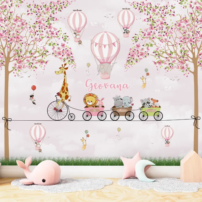 Papel de Parede Safari Menina Personalizado com Nome e Animais