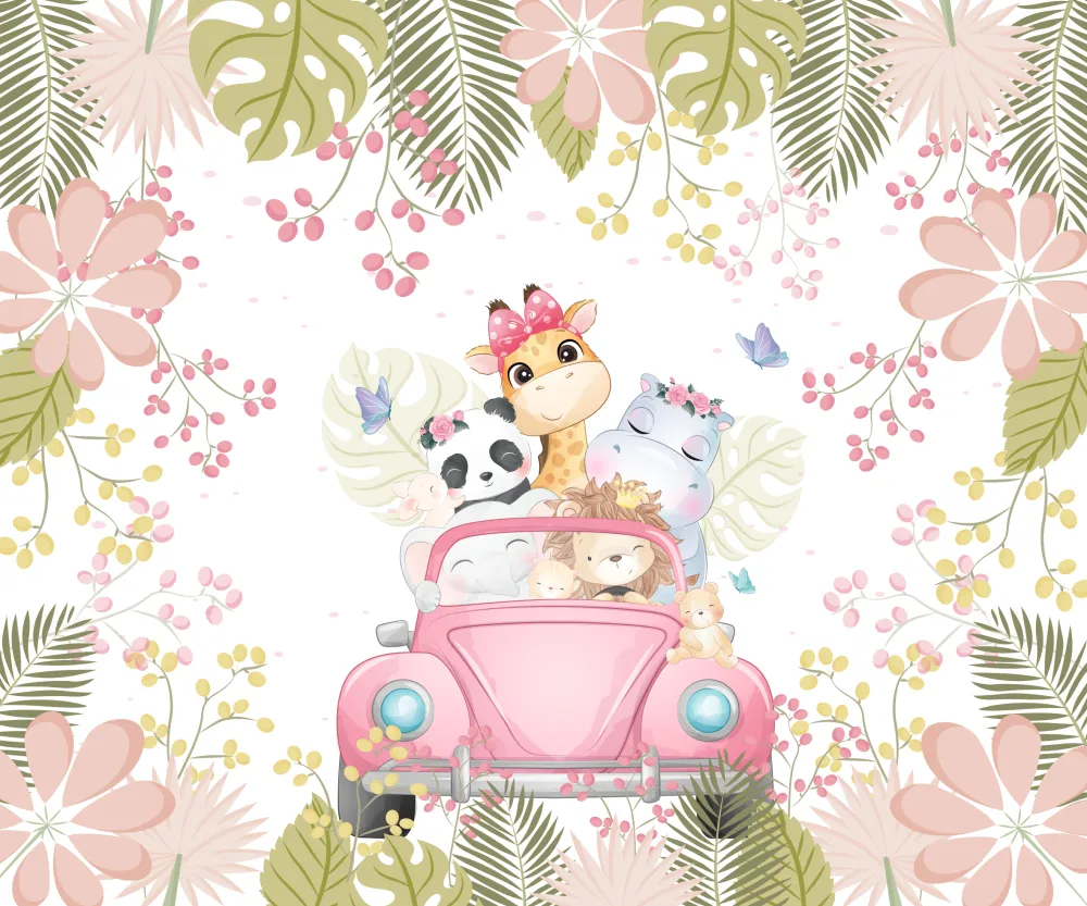 Papel de Parede Safari Rosa com Animais no Carro Vintage
