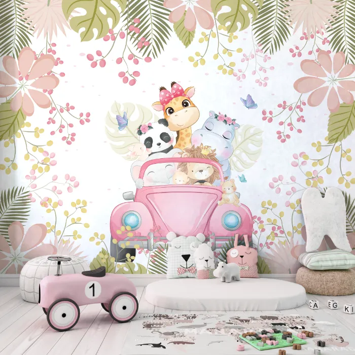 Papel de Parede Safari Rosa com Animais no Carro Vintage